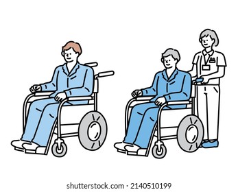 Illustration of a person in a wheelchair.Men, Women, injuries, illnesses, hospital visits, fractures, care, hospitalization, rehabilitation.