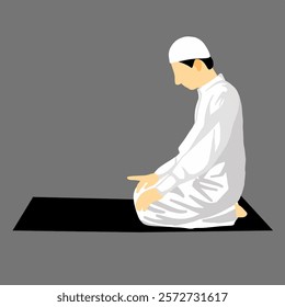 Illustration of a Person in White Attire Praying on a Gray Background