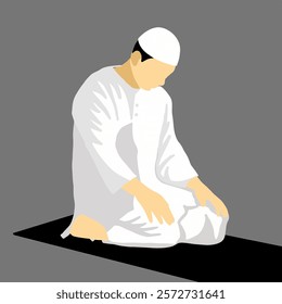Illustration of a Person in White Attire Praying on a Gray Background