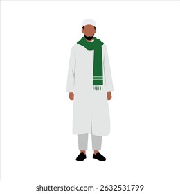 illustration A person in white thobe and green scarf, standing on white.
