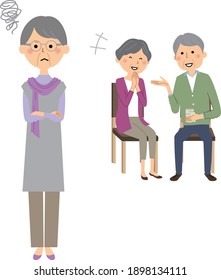 It is an illustration of a person who burns a chewy feeling to an elderly couple chatting.