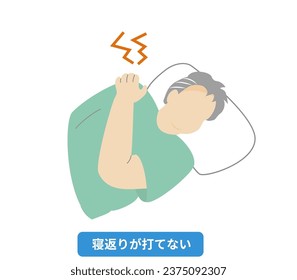 Illustration of a person who cannot sleep at night because of a sore shoulder ;Translate Cannot turn over