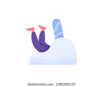 Illustration of a person who got into a snow drifts because he plays ski. fell into a pile of snow. man and snowboard. people activity in winter. flat illustration design. vector elements