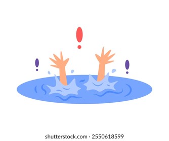 Illustration einer Person, die Hilfe braucht, weil sie ertrinkt. ertrinken und um Hilfe bitten. Illustration der Hände, die versuchen, aus dem Wasser zu kommen. Katastrophen und Probleme. flaches Zeichendesign