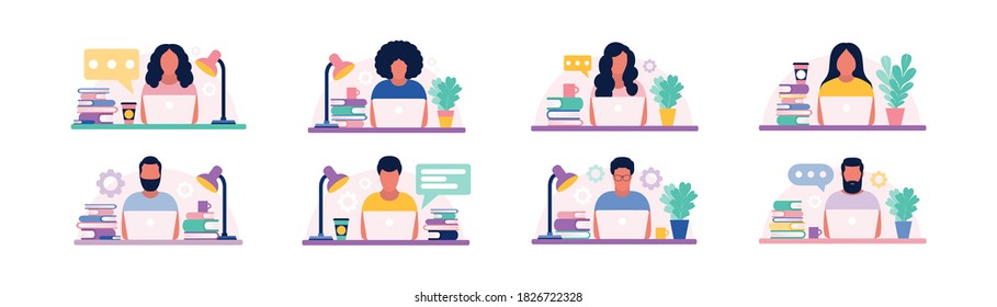 illustration of person who works at a computer, communicates in social networks, learns online. Colorful flat vector set.