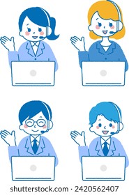 Illustration of a person working as a computer operator. A woman and a man answering the phone at a call center.