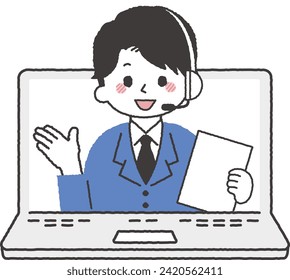 Illustration of a person working as a computer operator. A man answering the phone at a call center.