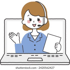 Illustration of a person working as a computer operator. A woman answering the phone at a call center.