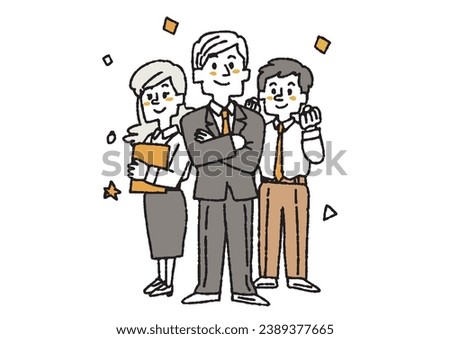 Illustration of a person working in a team of three, comical hand-drawn figure vector, color on line drawing