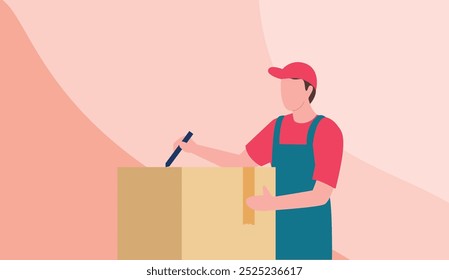illustration of a person writing or marking a box of household goods when moving house