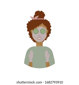 Illustration, personal care, young woman with a moisturizing face mask and gloves on her hands, uses natural cosmetics for face and hands. Stylish design concept for cosmetics.