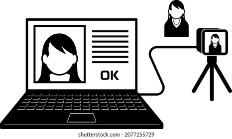 Ilustración de una computadora personal con una cámara conectada. La cara femenina tomada por la cámara también se muestra en la pantalla del ordenador. Creado con datos vectoriales.