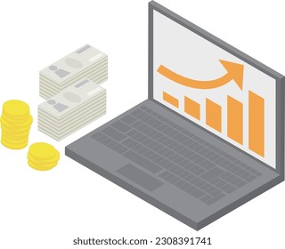 Illustration of a personal computer and money with a graph showing an isometric rise