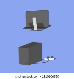 Illustration of personal computer with video monitor, keyboard and tower case. Back view. Isolated graphic elements for your design projects.