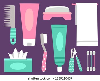 Illustration of Personal Hygiene Elements from Comb, Soap, Toothbrush, Tissue, Nail Clipper, Towel and Cotton Buds