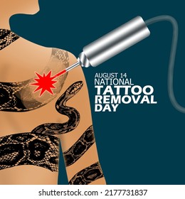 Illustration of a person's body with a snake tattoo and being removed with laser technology and bold text on dark blue background, National Tattoo Removal Day August 14