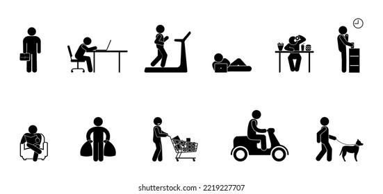 Illustration Of A Person's Daily Affairs, Work, Leisure And Household Chores, Stick Figure Icon Man, People Doing Things