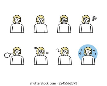 An illustration of a person's facial expression.Women, icons, avatars, laughing, crying, depressed, surprised, angry, know.
