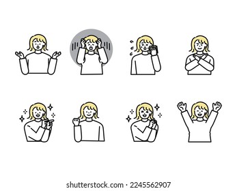 An illustration of a person's facial expression.Women, icons, avatars, laughing, crying, depressed, surprised, angry, know.
