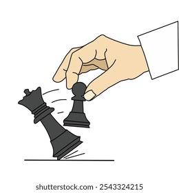 Illustration of a person's hand playing chess, the pawn defeats the king.