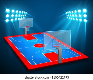 An illustration of perspective Basketball arena field with bright stadium lights design. Vector EPS 10. Room for copy.