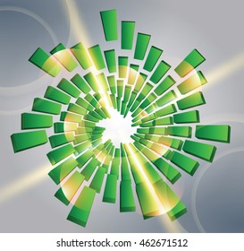 Illustration of perspective directed elements arranged in spiral.