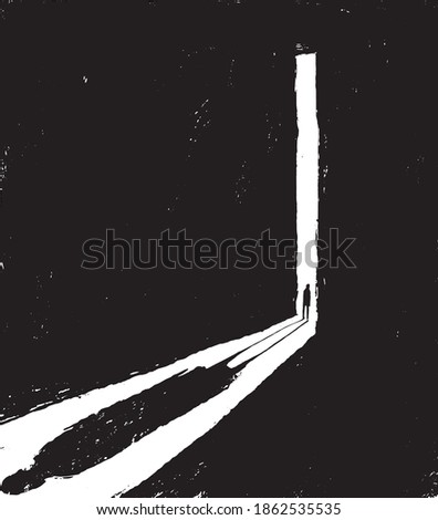 illustration of a peson opening a door to a dark room. Depression and loneliness state. 
