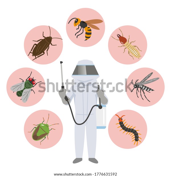 Illustration of pest control companies and pests\
in protective\
clothing