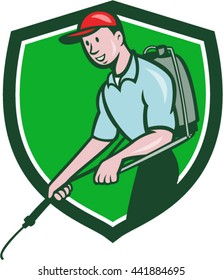 Illustration of a pest control exterminator spraying viewed from the side set inside shield crest on isolated background done in cartoon style. 