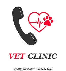 Illustration pet clinic logo design template. Heart with pulse and dog paw with phone on white background. 
