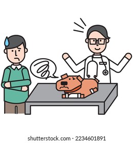 It is an illustration of a pet dog and its owner who came to a veterinary hospital for medical examination due to poor physical condition.