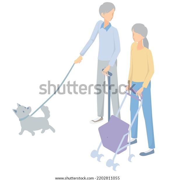 It is an illustration of a pet dog taking a walk\
with a senior couple.