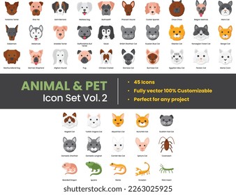 Ilustración Los íconos de mascotas están compuestos por animales, mascotas, mamíferos, gatos, perros, arácnidos, insectos