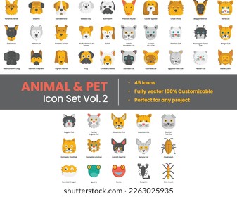 Ilustración Los íconos de mascotas están compuestos por animales, mascotas, mamíferos, gatos, perros, arácnidos, insectos