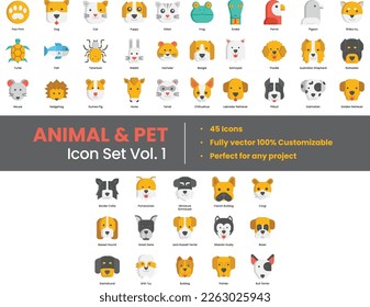 Ilustración Los íconos de mascotas están compuestos por animales, mascotas, mamíferos, gatos, perros, arácnidos, insectos