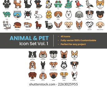 Ilustración Los íconos de mascotas están compuestos por animales, mascotas, mamíferos, gatos, perros, arácnidos, insectos