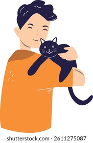 Illustration of Pet Owner and Cute Cat. Vector Character in Happy Expression