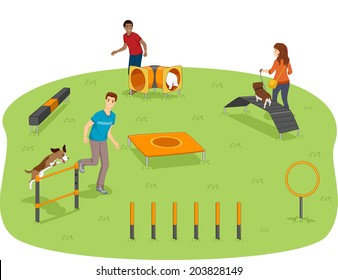 Illustration of Pet Owners Testing Their Dogs' Agility in the Park  svg