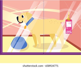 Illustration of a pet shop with cheerful dog breed Labrador Retriever. Lovely cartoon dog in the showcase. Vector illustration