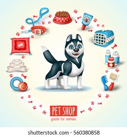 Illustration for pet shop with dog siberian husky breed and dog's related icons