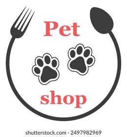 Illustration Pet shop with fork and spoon on white background.