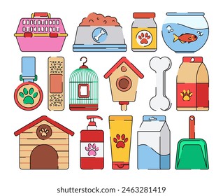 Illustration of pet supplies including toys, food, and accessories for a pet shop.