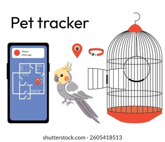Illustration of a pet tracker system showing a bird with a tracking device, open cage, mobile app with location map, and pet collar. Concept for smart pet monitoring and safety indoors. Vector