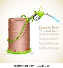 illustration of petrol nozzle wrapped with creeper with metal barrel showing green fuel
