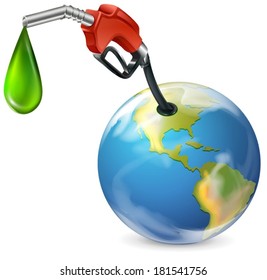 Illustration of a petrol pump and a globe on a white background