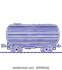 Illustration petroleum cistern wagon freight railroad train, hand drawing ink pen style transportation icon - isolated on white - vector