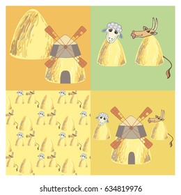 illustration with pets, hay and mill
