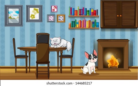 Illustration of the pets inside a house near the fireplace