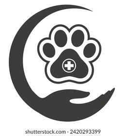 Illustration of a pet's paw in hand with a medical cross on a white background.