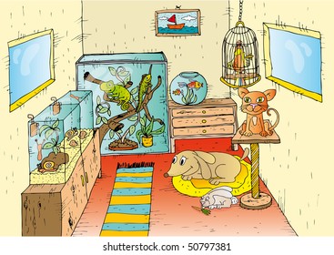 Illustration of pets in the room